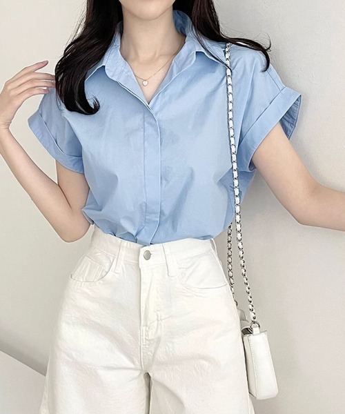 shoppinggo(ショッピングゴー)の「vネックブラウス シャツ オフィス カジュアル 半袖 襟付き スキッパー 春夏 無地(シャツ/ブラウス・レディース・ホワイト/ブルー・M/L)」の13枚目の写真