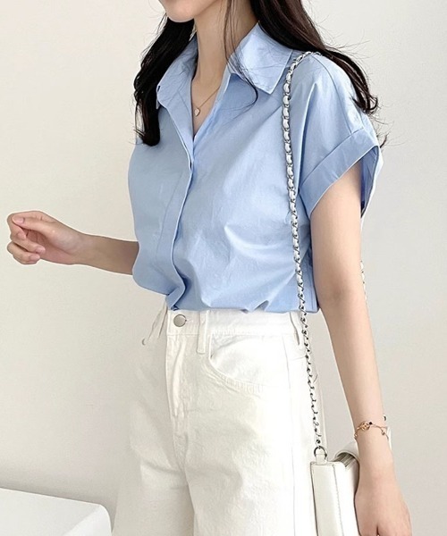 shoppinggo(ショッピングゴー)の「vネックブラウス シャツ オフィス カジュアル 半袖 襟付き スキッパー 春夏 無地(シャツ/ブラウス・レディース・ホワイト/ブルー・M/L)」の16枚目の写真