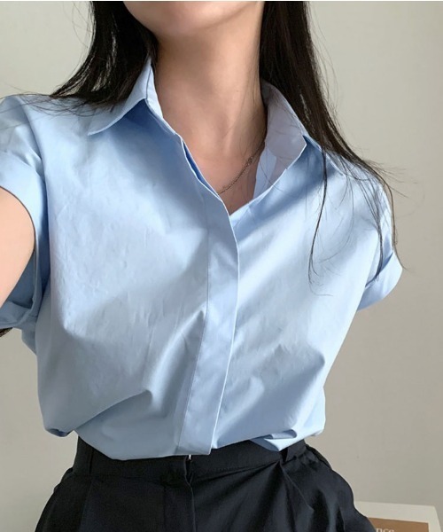 shoppinggo(ショッピングゴー)の「vネックブラウス シャツ オフィス カジュアル 半袖 襟付き スキッパー 春夏 無地(シャツ/ブラウス・レディース・ホワイト/ブルー・M/L)」の17枚目の写真