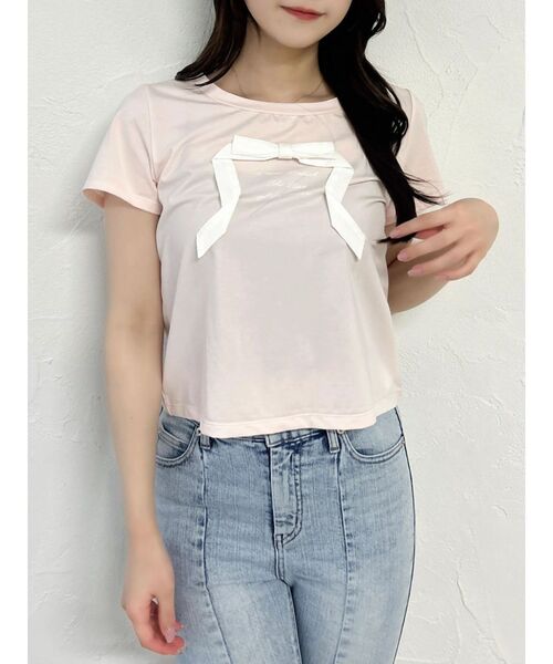 dazzlin(ダズリン)の「リボンディティールドッキングTシャツ(Tシャツ/カットソー・レディース・ピンク/ブラック/オフホワイト・FREE)」の3枚目の写真