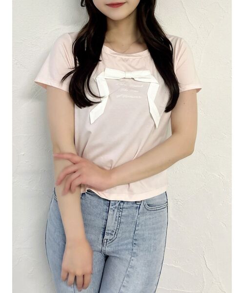 dazzlin(ダズリン)の「リボンディティールドッキングTシャツ(Tシャツ/カットソー・レディース・ピンク/ブラック/オフホワイト・FREE)」の4枚目の写真