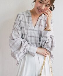 【程よくカジュアル】シアーチェックリボンボリュームスリーブブラウス