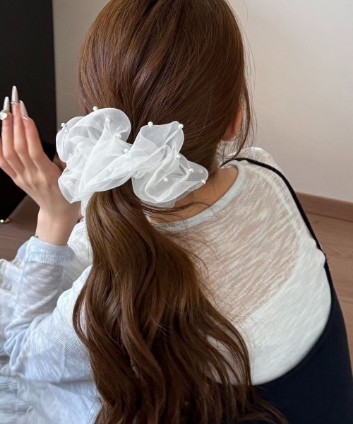 セール】パール付きシュシュ 透け感ヘアゴム（シュシュ