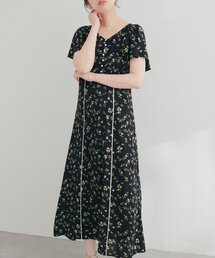 Vネックフラワーワンピース
