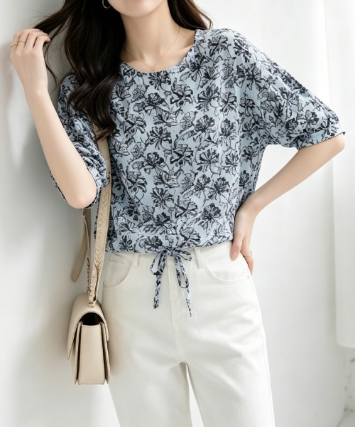 ONEP STAR（ワンピスター）の「花柄リボン付き半袖ブラウス（シャツ/ブラウス・レディース・ブルー・MEDIUM/LARGE/X-LARGE）」の3枚目の写真