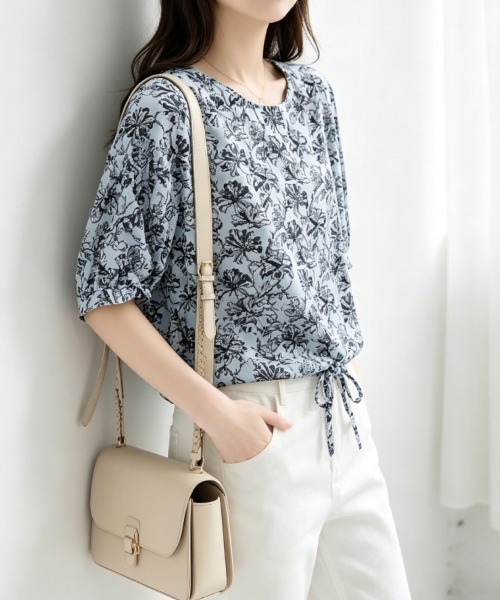 ONEP STAR（ワンピスター）の「花柄リボン付き半袖ブラウス（シャツ/ブラウス・レディース・ブルー・MEDIUM/LARGE/X-LARGE）」の4枚目の写真