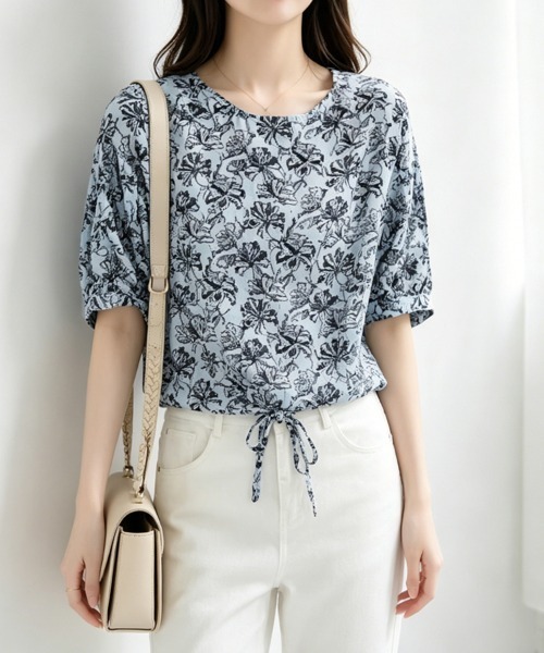 ONEP STAR（ワンピスター）の「花柄リボン付き半袖ブラウス（シャツ/ブラウス・レディース・ブルー・MEDIUM/LARGE/X-LARGE）」の5枚目の写真
