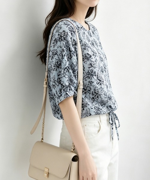 ONEP STAR（ワンピスター）の「花柄リボン付き半袖ブラウス（シャツ/ブラウス・レディース・ブルー・MEDIUM/LARGE/X-LARGE）」の6枚目の写真