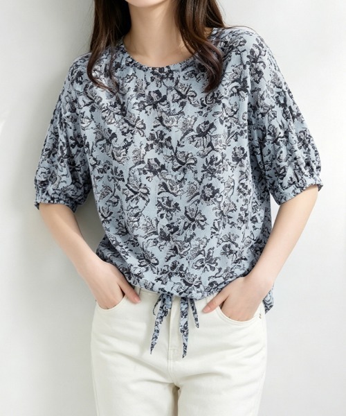 ONEP STAR（ワンピスター）の「花柄リボン付き半袖ブラウス（シャツ/ブラウス・レディース・ブルー・MEDIUM/LARGE/X-LARGE）」の7枚目の写真