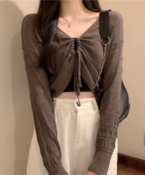 Beststore（ベストストア）の「ヘルシーな肌見せを叶える♡ ドロストメッシュショートカーディガン(全5色)（カーディガン/ボレロ・レディース・ホワイト/ブラック/グリーン/ブラウン/ピンク・FREE）」の4枚目の写真