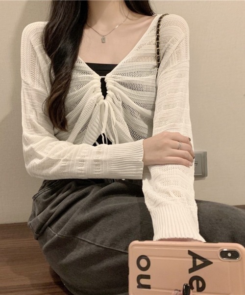 Beststore（ベストストア）の「ヘルシーな肌見せを叶える♡ ドロストメッシュショートカーディガン(全5色)（カーディガン/ボレロ・レディース・ホワイト/ブラック/グリーン/ブラウン/ピンク・FREE）」の2枚目の写真