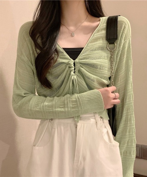 Beststore（ベストストア）の「ヘルシーな肌見せを叶える♡ ドロストメッシュショートカーディガン(全5色)（カーディガン/ボレロ・レディース・ホワイト/ブラック/グリーン/ブラウン/ピンク・FREE）」の5枚目の写真