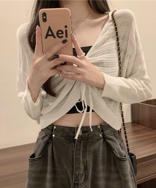 Beststore（ベストストア）の「ヘルシーな肌見せを叶える♡ ドロストメッシュショートカーディガン(全5色)（カーディガン/ボレロ・レディース・ホワイト/ブラック/グリーン/ブラウン/ピンク・FREE）」の15枚目の写真