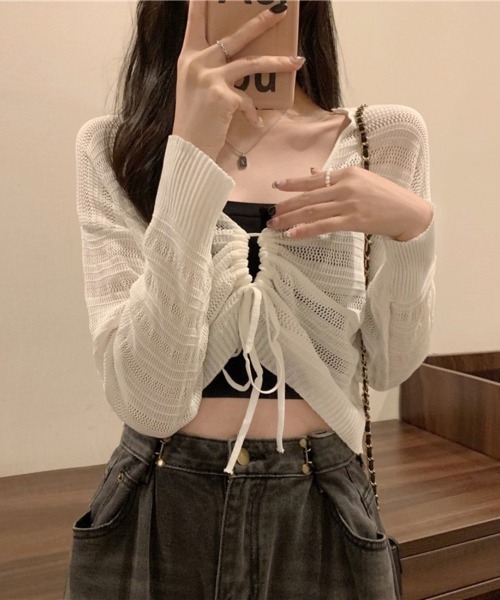 Beststore（ベストストア）の「ヘルシーな肌見せを叶える♡ ドロストメッシュショートカーディガン(全5色)（カーディガン/ボレロ・レディース・ホワイト/ブラック/グリーン/ブラウン/ピンク・FREE）」の16枚目の写真