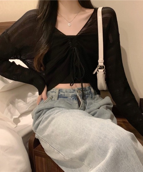 Beststore（ベストストア）の「ヘルシーな肌見せを叶える♡ ドロストメッシュショートカーディガン(全5色)（カーディガン/ボレロ・レディース・ホワイト/ブラック/グリーン/ブラウン/ピンク・FREE）」の17枚目の写真
