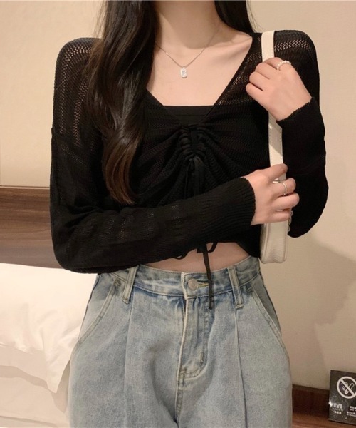 Beststore（ベストストア）の「ヘルシーな肌見せを叶える♡ ドロストメッシュショートカーディガン(全5色)（カーディガン/ボレロ・レディース・ホワイト/ブラック/グリーン/ブラウン/ピンク・FREE）」の18枚目の写真