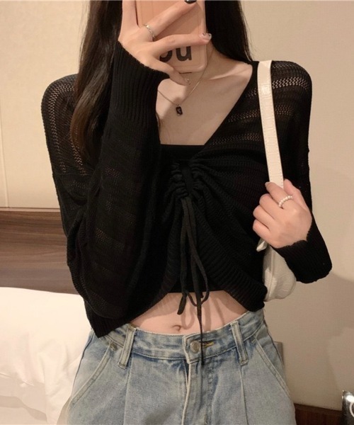 Beststore（ベストストア）の「ヘルシーな肌見せを叶える♡ ドロストメッシュショートカーディガン(全5色)（カーディガン/ボレロ・レディース・ホワイト/ブラック/グリーン/ブラウン/ピンク・FREE）」の19枚目の写真