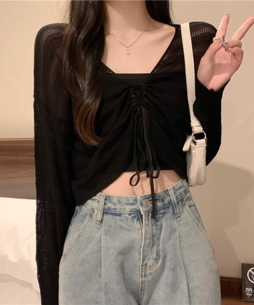 Beststore（ベストストア）の「ヘルシーな肌見せを叶える♡ ドロストメッシュショートカーディガン(全5色)（カーディガン/ボレロ・レディース・ホワイト/ブラック/グリーン/ブラウン/ピンク・FREE）」の20枚目の写真