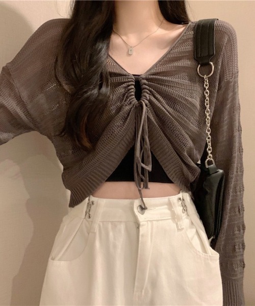 Beststore（ベストストア）の「ヘルシーな肌見せを叶える♡ ドロストメッシュショートカーディガン(全5色)（カーディガン/ボレロ・レディース・ホワイト/ブラック/グリーン/ブラウン/ピンク・FREE）」の9枚目の写真