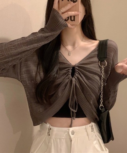 Beststore（ベストストア）の「ヘルシーな肌見せを叶える♡ ドロストメッシュショートカーディガン(全5色)（カーディガン/ボレロ・レディース・ホワイト/ブラック/グリーン/ブラウン/ピンク・FREE）」の10枚目の写真