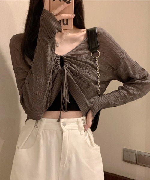 Beststore（ベストストア）の「ヘルシーな肌見せを叶える♡ ドロストメッシュショートカーディガン(全5色)（カーディガン/ボレロ・レディース・ホワイト/ブラック/グリーン/ブラウン/ピンク・FREE）」の11枚目の写真