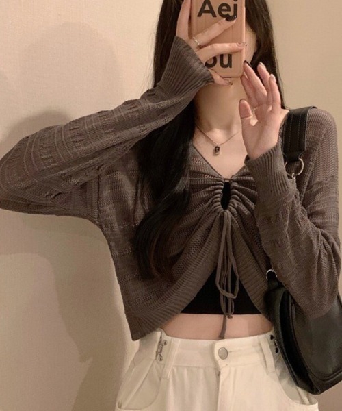 Beststore（ベストストア）の「ヘルシーな肌見せを叶える♡ ドロストメッシュショートカーディガン(全5色)（カーディガン/ボレロ・レディース・ホワイト/ブラック/グリーン/ブラウン/ピンク・FREE）」の12枚目の写真
