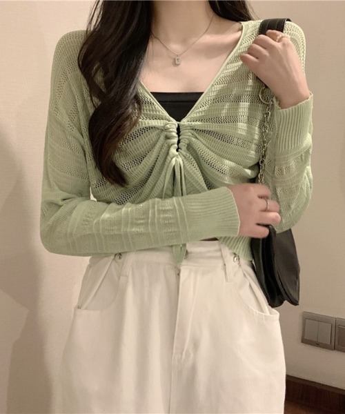 Beststore（ベストストア）の「ヘルシーな肌見せを叶える♡ ドロストメッシュショートカーディガン(全5色)（カーディガン/ボレロ・レディース・ホワイト/ブラック/グリーン/ブラウン/ピンク・FREE）」の14枚目の写真