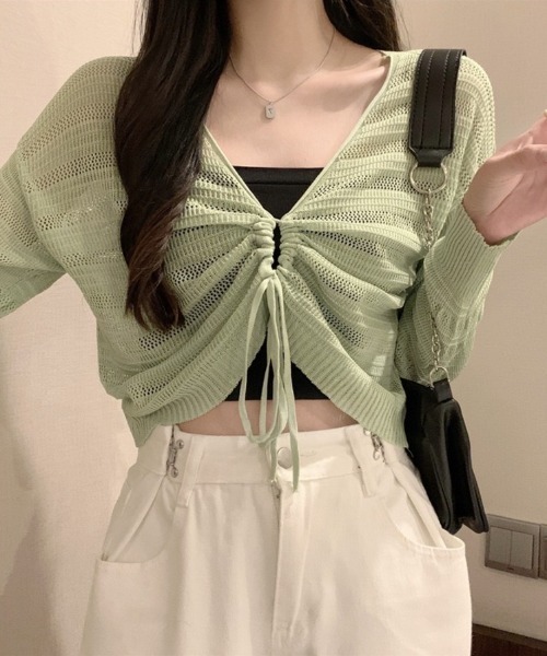 Beststore（ベストストア）の「ヘルシーな肌見せを叶える♡ ドロストメッシュショートカーディガン(全5色)（カーディガン/ボレロ・レディース・ホワイト/ブラック/グリーン/ブラウン/ピンク・FREE）」の6枚目の写真