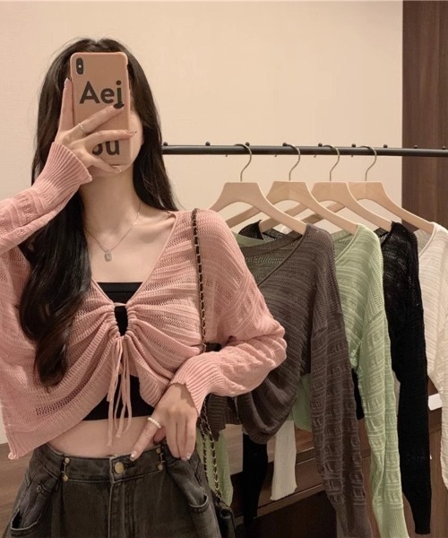 Beststore（ベストストア）の「ヘルシーな肌見せを叶える♡ ドロストメッシュショートカーディガン(全5色)（カーディガン/ボレロ・レディース・ホワイト/ブラック/グリーン/ブラウン/ピンク・FREE）」の8枚目の写真