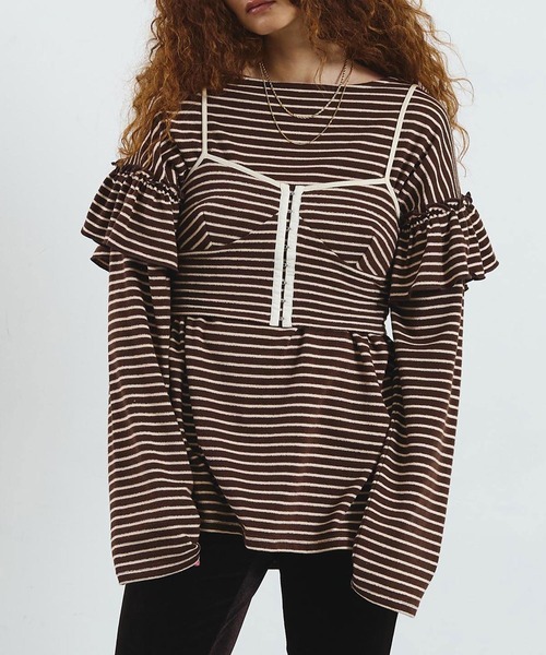 mag.by c(マグバイシー)の「mag.by c/FRILL STRIPE L/S TOP(Tシャツ/カットソー・レディース・オフホワイト/ブラウン・ONE SIZE)」の2枚目の写真