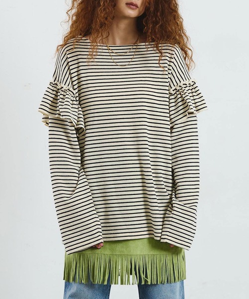 mag.by c(マグバイシー)の「mag.by c/FRILL STRIPE L/S TOP(Tシャツ/カットソー・レディース・オフホワイト/ブラウン・ONE SIZE)」の1枚目の写真