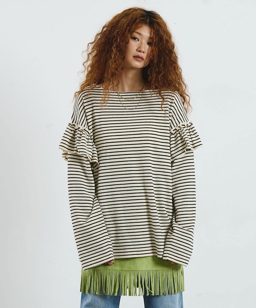 mag.by c(マグバイシー)の「mag.by c/FRILL STRIPE L/S TOP(Tシャツ/カットソー・レディース・オフホワイト/ブラウン・ONE SIZE)」の6枚目の写真