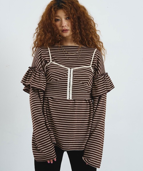 mag.by c(マグバイシー)の「mag.by c/FRILL STRIPE L/S TOP(Tシャツ/カットソー・レディース・オフホワイト/ブラウン・ONE SIZE)」の5枚目の写真