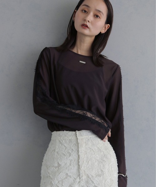 &g'aime(アンジェム)の「【&g'aime 】レースラインシアートップス Lace Line Sheer Top(シャツ/ブラウス・レディース・ブラック/ホワイト/ブラウン・FREE)」の1枚目の写真