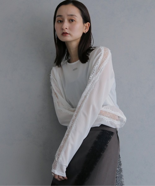 &g'aime(アンジェム)の「【&g'aime 】レースラインシアートップス Lace Line Sheer Top(シャツ/ブラウス・レディース・ブラック/ホワイト/ブラウン・FREE)」の2枚目の写真