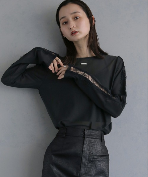 &g'aime(アンジェム)の「【&g'aime 】レースラインシアートップス Lace Line Sheer Top(シャツ/ブラウス・レディース・ブラック/ホワイト/ブラウン・FREE)」の3枚目の写真