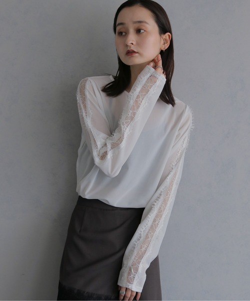 &g'aime(アンジェム)の「【&g'aime 】レースラインシアートップス Lace Line Sheer Top(シャツ/ブラウス・レディース・ブラック/ホワイト/ブラウン・FREE)」の22枚目の写真