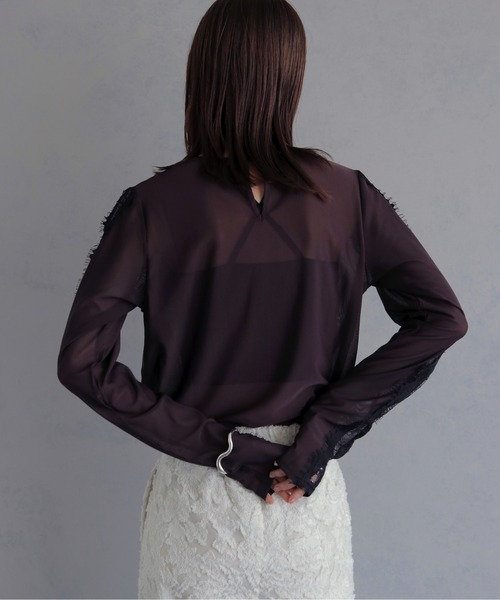 &g'aime(アンジェム)の「【&g'aime 】レースラインシアートップス Lace Line Sheer Top(シャツ/ブラウス・レディース・ブラック/ホワイト/ブラウン・FREE)」の9枚目の写真