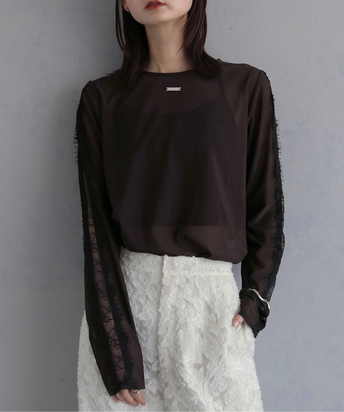 &g'aime(アンジェム)の「【&g'aime 】レースラインシアートップス Lace Line Sheer Top(シャツ/ブラウス・レディース・ブラック/ホワイト/ブラウン・FREE)」の6枚目の写真