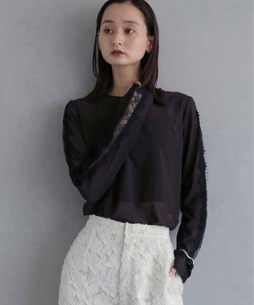 &g'aime(アンジェム)の「【&g'aime 】レースラインシアートップス Lace Line Sheer Top(シャツ/ブラウス・レディース・ブラック/ホワイト/ブラウン・FREE)」の4枚目の写真