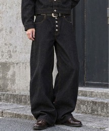 【セットアップ対応】13.5oz フロントドーナッツボタンワイドデニムパンツ/ヒッコリーストライプ/ダック素材