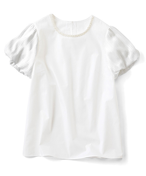 IEDIT（イディット）の「ララ・ステラ　一枚で華やぐシアーパフスリーブのビジュー付きフェミニンブラウス　（シャツ/ブラウス・レディース・ホワイト/ネイビー・MEDIUM/LARGE/SMALL/X-LARGE/XX-LARGE）」の6枚目の写真