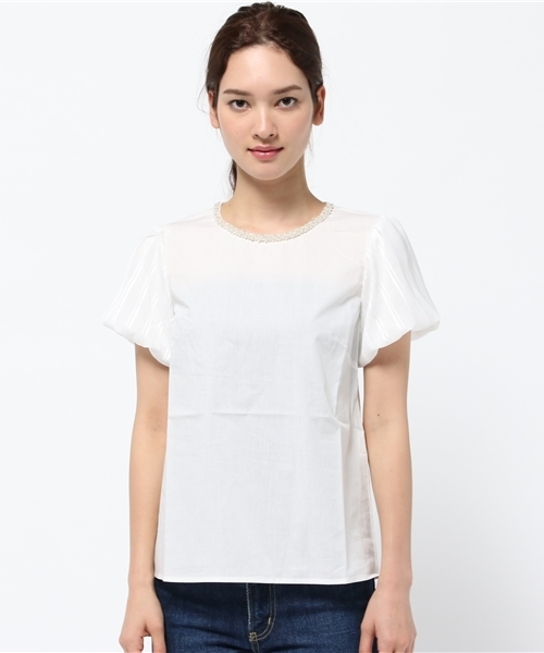 IEDIT（イディット）の「ララ・ステラ　一枚で華やぐシアーパフスリーブのビジュー付きフェミニンブラウス　（シャツ/ブラウス・レディース・ホワイト/ネイビー・MEDIUM/LARGE/SMALL/X-LARGE/XX-LARGE）」の12枚目の写真