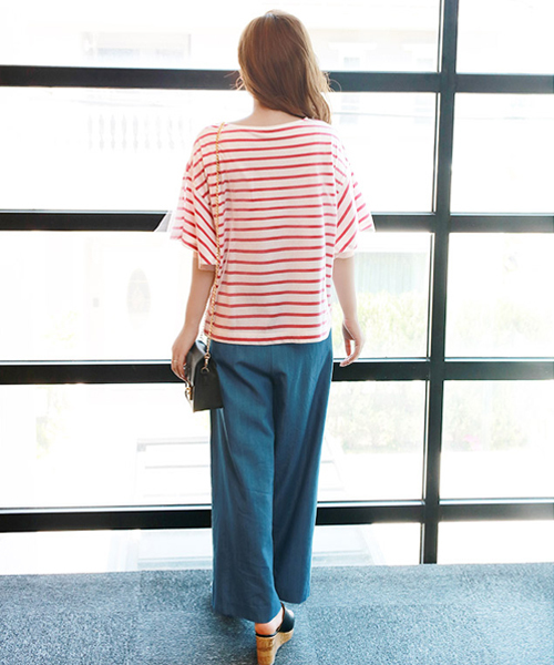 BLUEEAST（ブルーイースト）の「スリット入りフレアーボリューム袖チュール重ねボーダーカットソー（Tシャツ/カットソー・レディース・レッド/ネイビー/オフホワイト・MEDIUM）」の18枚目の写真