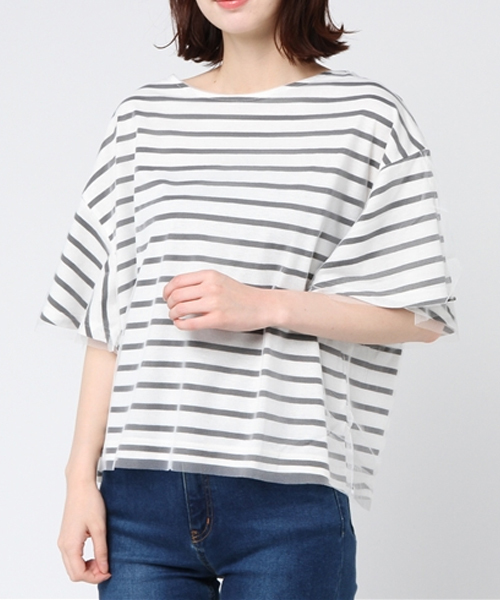 BLUEEAST（ブルーイースト）の「スリット入りフレアーボリューム袖チュール重ねボーダーカットソー（Tシャツ/カットソー・レディース・レッド/ネイビー/オフホワイト・MEDIUM）」の12枚目の写真