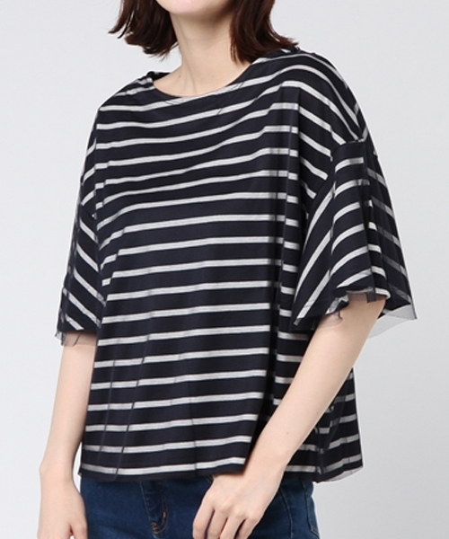 BLUEEAST（ブルーイースト）の「スリット入りフレアーボリューム袖チュール重ねボーダーカットソー（Tシャツ/カットソー・レディース・レッド/ネイビー/オフホワイト・MEDIUM）」の13枚目の写真