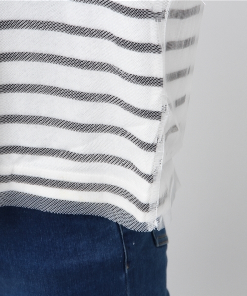 BLUEEAST（ブルーイースト）の「スリット入りフレアーボリューム袖チュール重ねボーダーカットソー（Tシャツ/カットソー・レディース・レッド/ネイビー/オフホワイト・MEDIUM）」の8枚目の写真