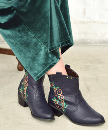 【チャイハネ】花刺繍ショートウエスタンブーツ