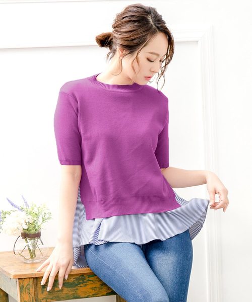 KOBE LETTUCE（コウベレタス）の「シャツインナー×半袖ニットプルオーバーSET【2点セット】（シャツ/ブラウス・レディース・パープル/グレー/ブラック/ブラック系その他/アイボリー/ラベンダー・FREE）」の5枚目の写真