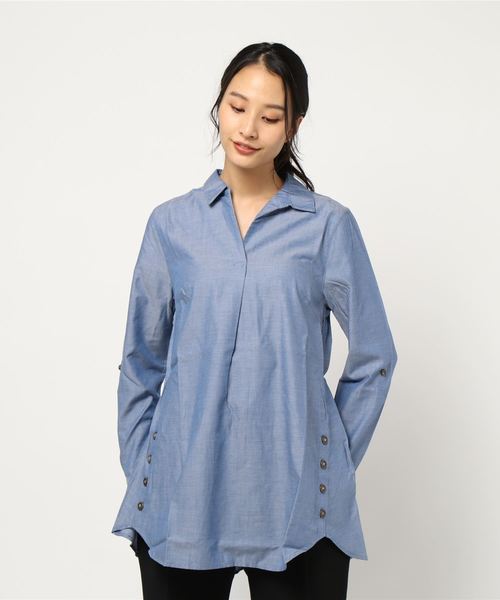 BELLUNA(ベルーナ)の「シャンブレーシャツチュニック(チュニック・レディース・グリーン/マスタード/コーラル/ブルー・MEDIUM/LARGE/X-LARGE)」の11枚目の写真